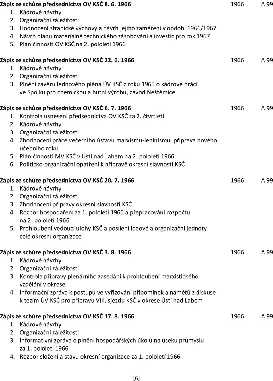 Organizační záležitosti 3. Plnění závěru lednového pléna ÚV KSČ z roku 1965 o kádrové práci ve Spolku pro chemickou a hutní výrobu, závod Neštěmice Zápis ze schůze předsednictva OV KSČ 6. 7.