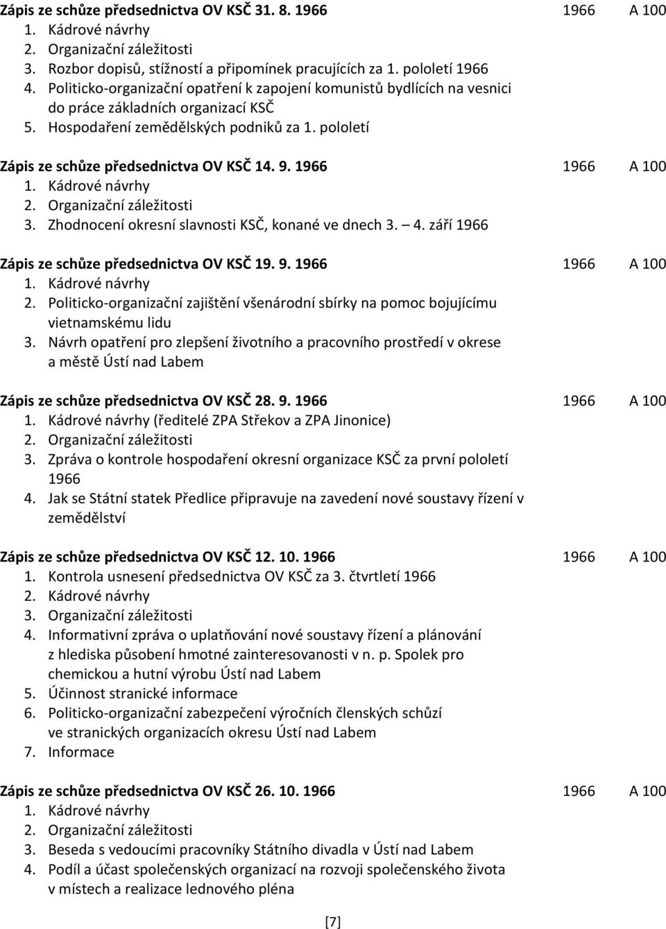 9. 1966 1966 A 100 1. Kádrové návrhy 2. Organizační záležitosti 3. Zhodnocení okresní slavnosti KSČ, konané ve dnech 3. 4. září 1966 Zápis ze schůze předsednictva OV KSČ 19. 9. 1966 1966 A 100 1. Kádrové návrhy 2. Politicko-organizační zajištění všenárodní sbírky na pomoc bojujícímu vietnamskému lidu 3.