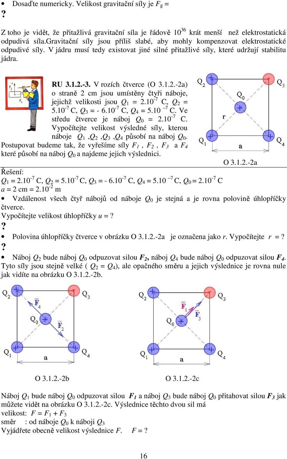 V rozích čtverce (O 3.1.2.-2a) o straně 2 cm jsou umístěny čtyři náboje, jejichž velikosti jsou Q 1 = 2.10-7 C, Q 2 = 5.10-7 C, Q 3 = - 6.10-7 C, Q 4 = 5.10 7 C. Ve středu čtverce je náboj Q 0 = 2.