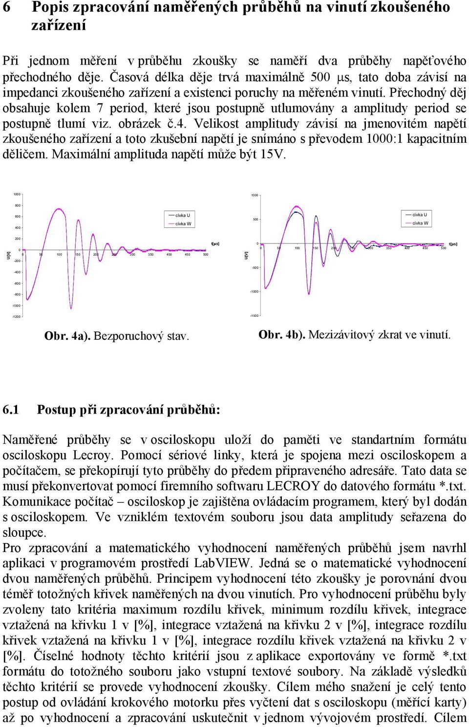 Přechodný děj obsahuje kolem 7 period, které jsou postupně utlumovány a amplitudy period se postupně tlumí viz. obrázek č.4.