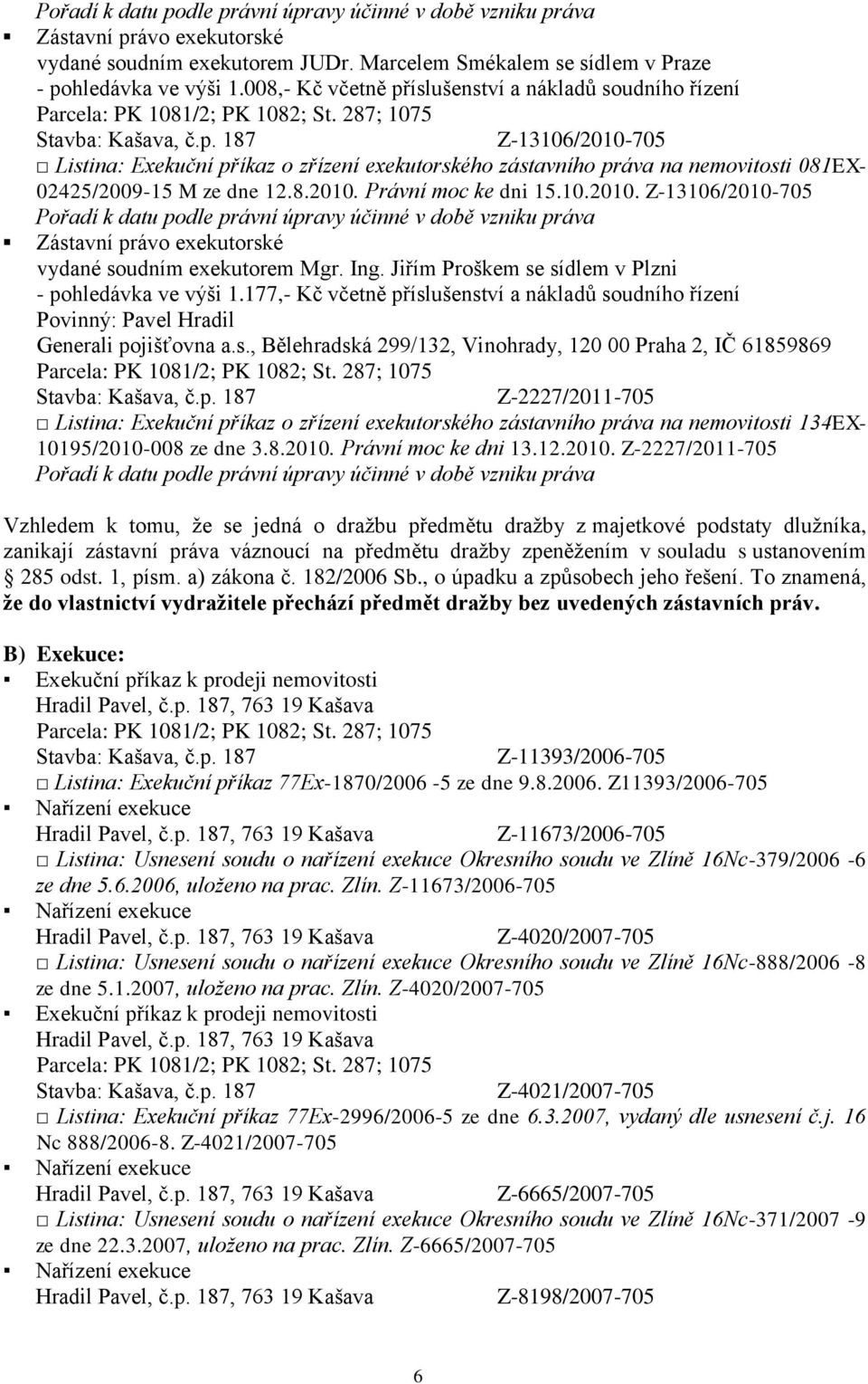 10.2010. Z-13106/2010-705 Zástavní právo exekutorské vydané soudním exekutorem Mgr. Ing. Jiřím Proškem se sídlem v Plzni - pohledávka ve výši 1.