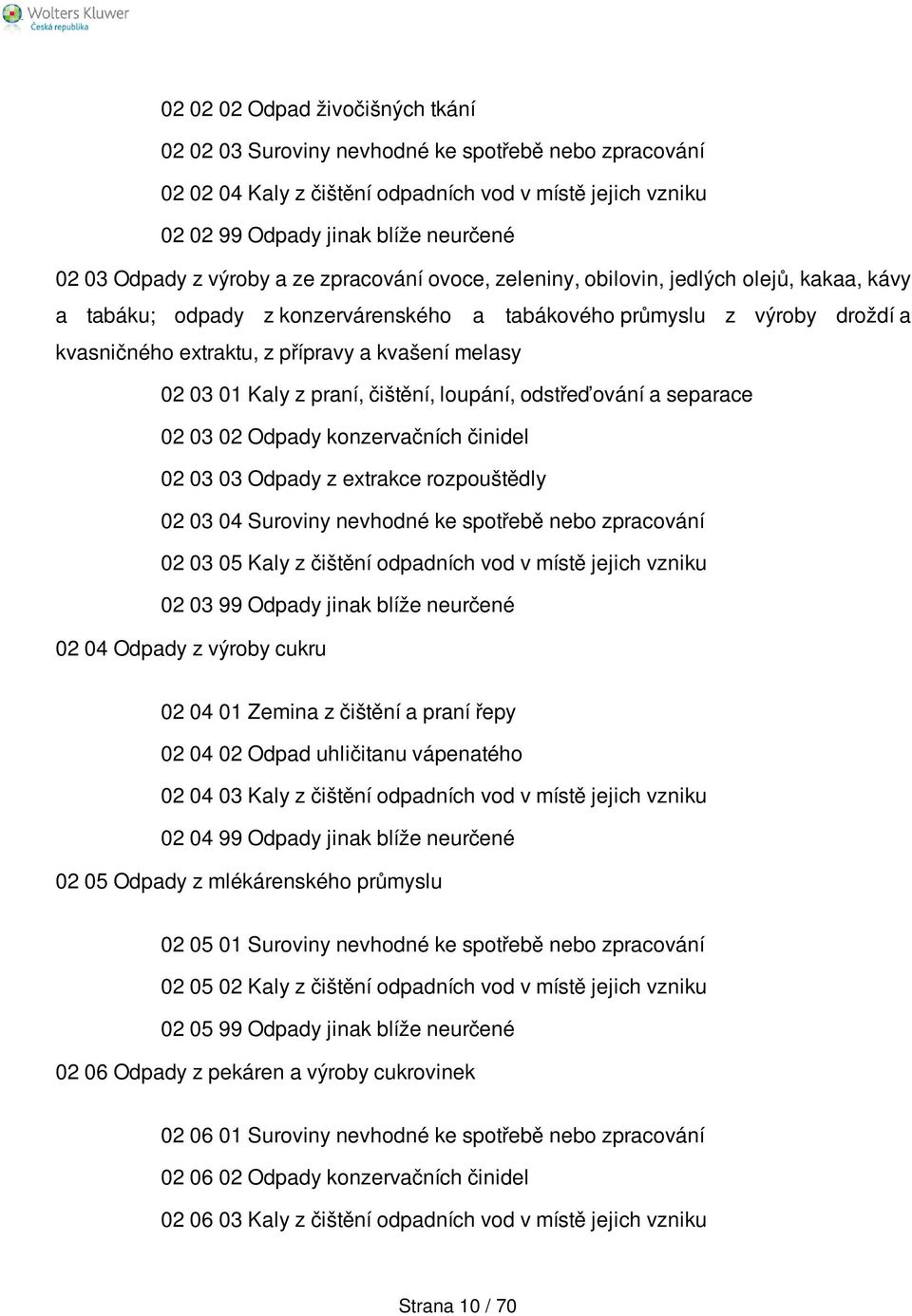 melasy 02 03 01 Kaly z praní, čištění, loupání, odstřeďování a separace 02 03 02 Odpady konzervačních činidel 02 03 03 Odpady z extrakce rozpouštědly 02 03 04 Suroviny nevhodné ke spotřebě nebo