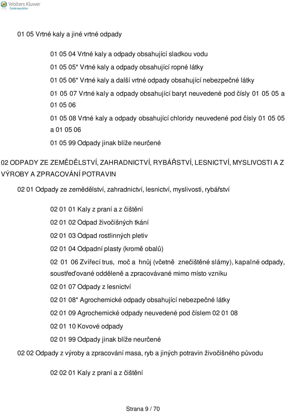 99 Odpady jinak blíže neurčené 02 ODPADY ZE ZEMĚDĚLSTVÍ, ZAHRADNICTVÍ, RYBÁŘSTVÍ, LESNICTVÍ, MYSLIVOSTI A Z VÝROBY A ZPRACOVÁNÍ POTRAVIN 02 01 Odpady ze zemědělství, zahradnictví, lesnictví,