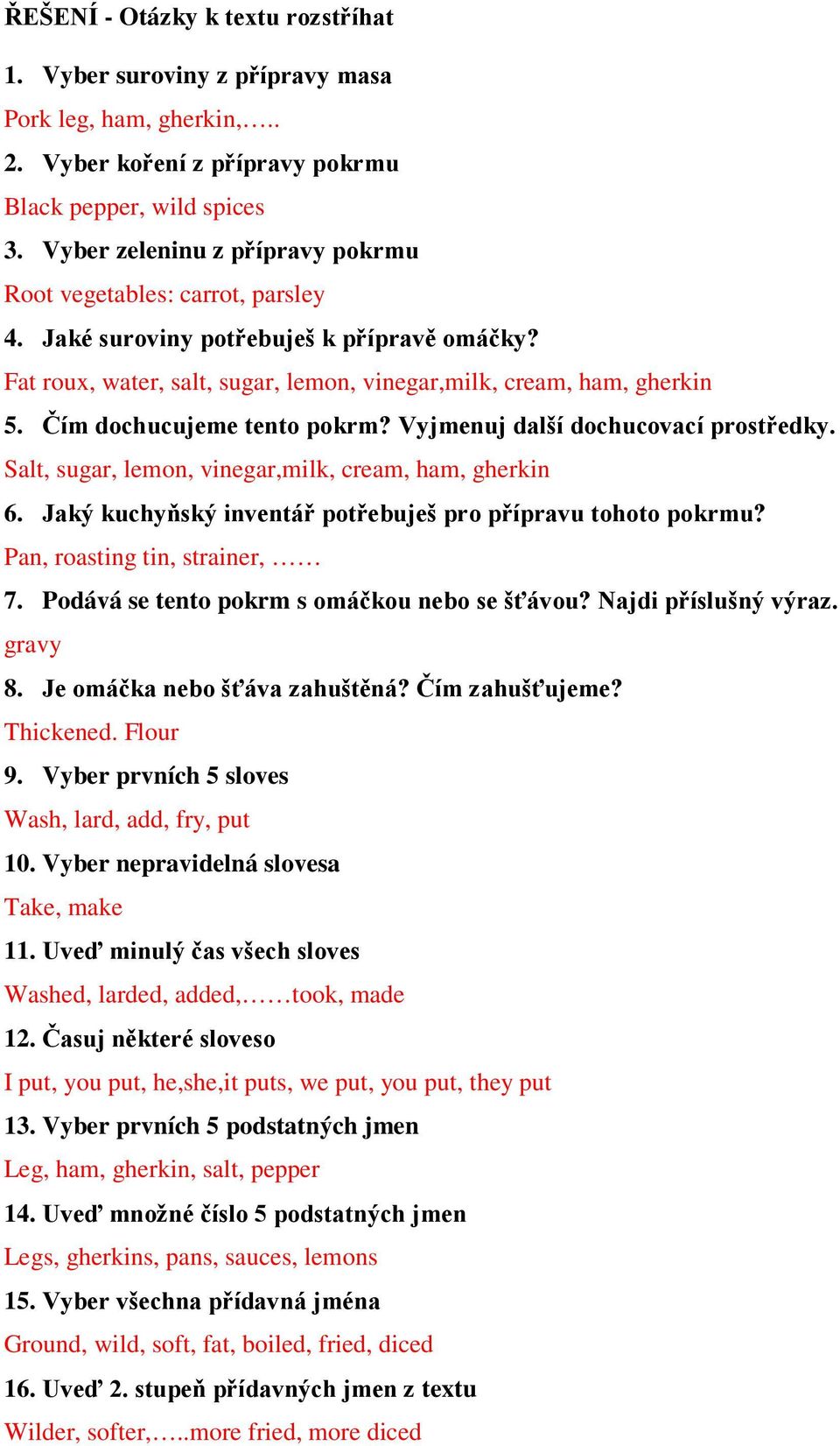 Čím dochucujeme tento pokrm? Vyjmenuj další dochucovací prostředky. Salt, sugar, lemon, vinegar,milk, cream, ham, gherkin 6. Jaký kuchyňský inventář potřebuješ pro přípravu tohoto pokrmu?