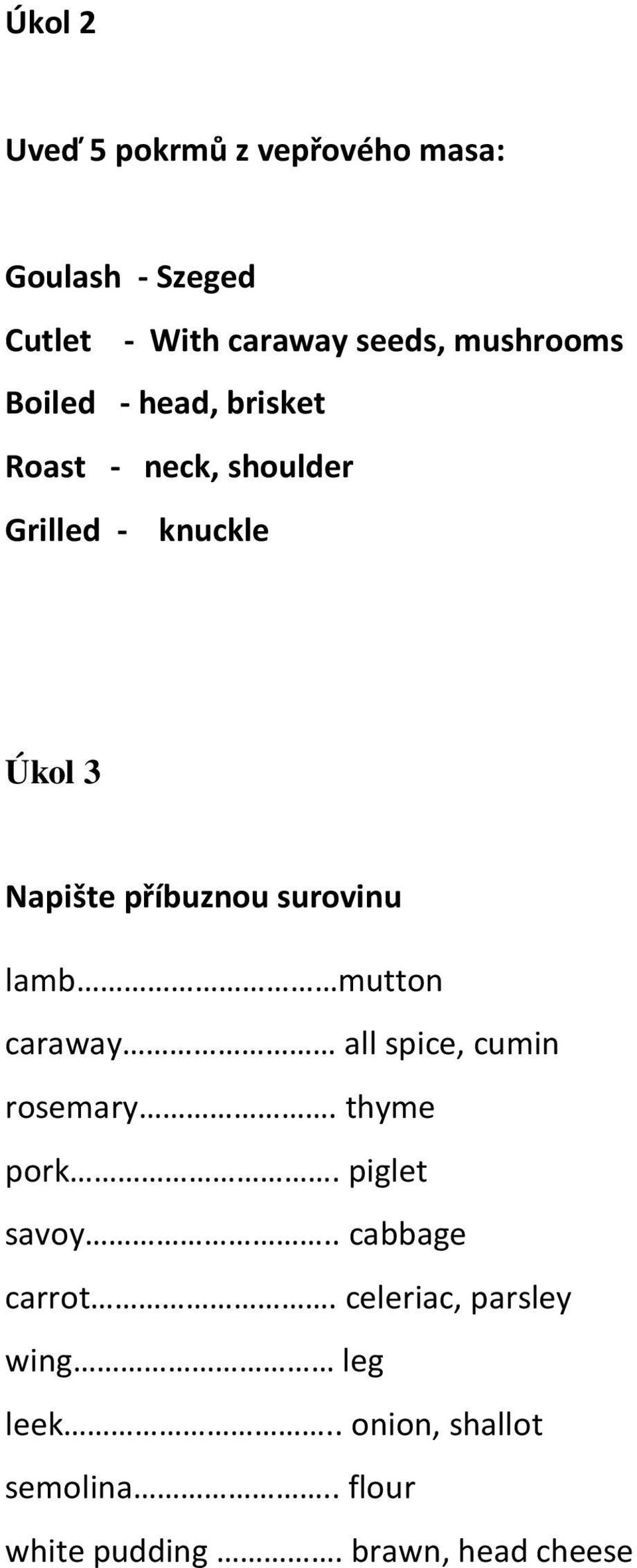 surovinu lamb mutton caraway all spice, cumin rosemary. thyme pork. piglet savoy.