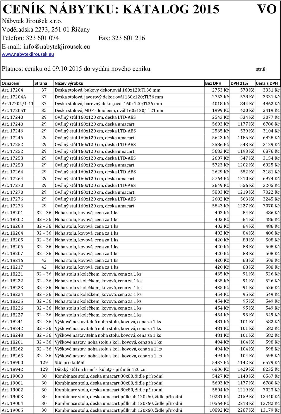 17240 29 Oválný stůl 160x120 cm, deska umacart 5603 Kč 1177 Kč 6780 Kč Art. 17246 29 Oválný stůl 160x120 cm, deska LTD-ABS 2565 Kč 539 Kč 3104 Kč Art.