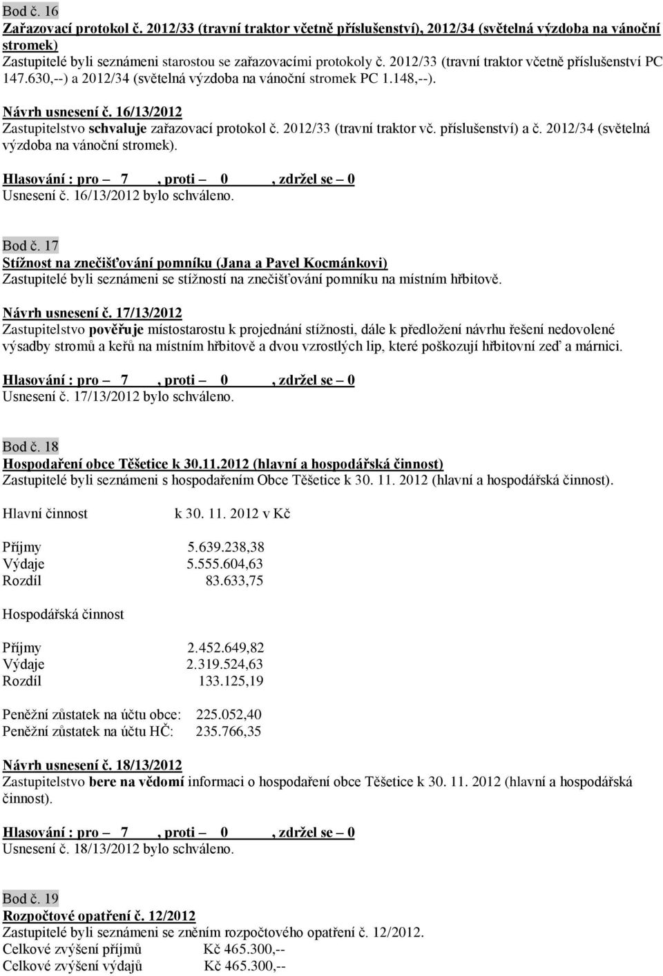 2012/33 (travní traktor vč. příslušenství) a č. 2012/34 (světelná výzdoba na vánoční stromek). Usnesení č. 16/13/2012 bylo schváleno. Bod č.