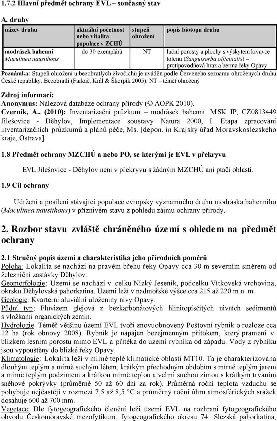 krvavce totenu (Sanguisorba officinalis) protipovodňová hráz a berma řeky Opavy Poznámka: Stupeň ohrožení u bezobratlých živočichů je uváděn podle Červeného seznamu ohrožených druhů České republiky.