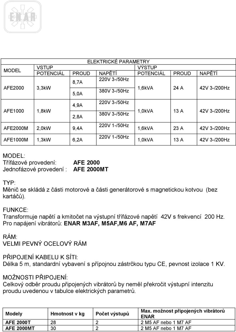 Jednofázové provedení : AFE 2000MT TYP: Měnič se skládá z části motorové a části generátorové s magnetickou kotvou (bez kartáčů).