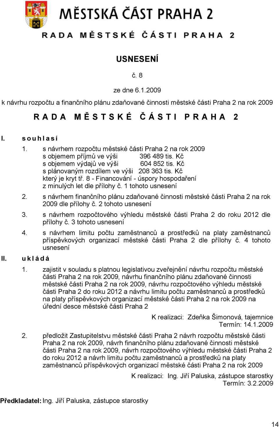 8 - Financování - úspory hospodaření z minulých let dle přílohy č. 1 tohoto usnesení 2. s návrhem finančního plánu zdaňované činnosti městské části Praha 2 na rok 2009 dle přílohy č.
