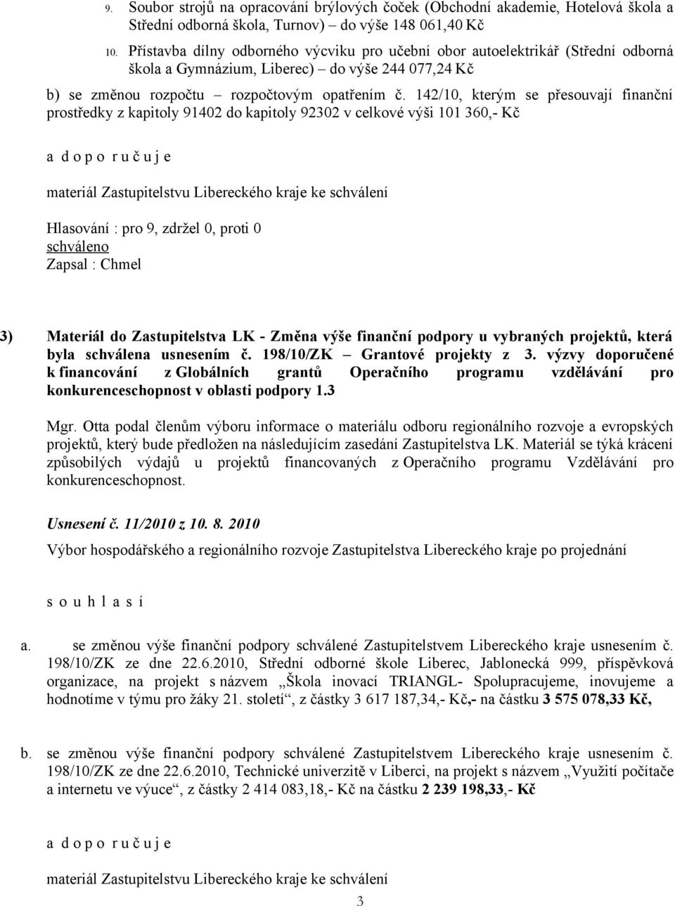 142/10, kterým se přesouvají finanční prostředky z kapitoly 91402 do kapitoly 92302 v celkové výši 101 360,- Kč Hlasování : pro 9, zdržel 0, proti 0 3) Materiál do Zastupitelstva LK - Změna výše
