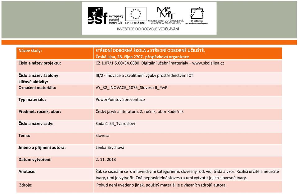 cz III/2 - Inovace a zkvalitnění výuky prostřednictvím ICT VY_32_INOVACE_1075_Slovesa II_PwP PowerPointová prezentace Český jazyk a literatura, 2. ročník, obor Kadeřník Sada č.