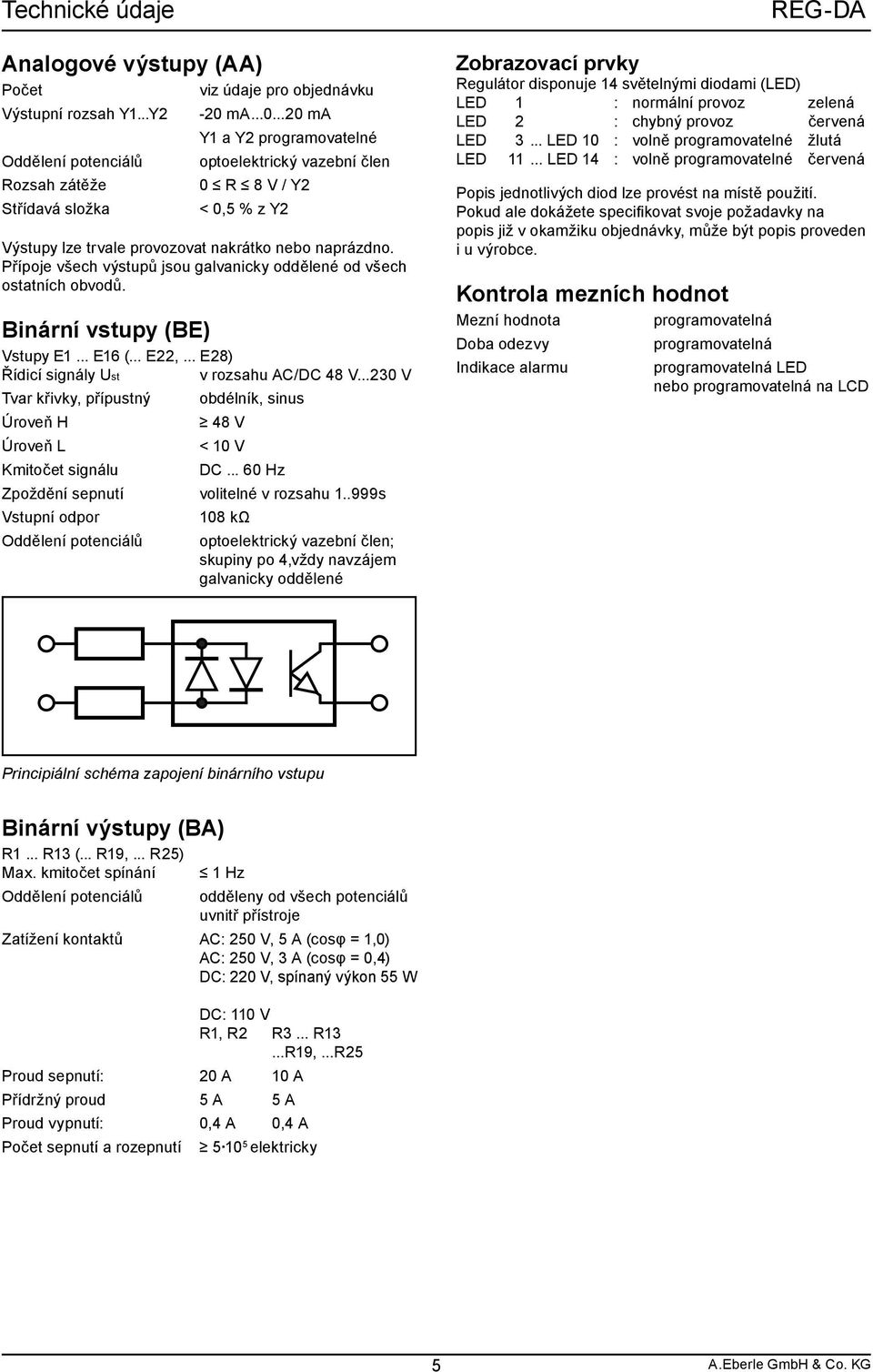 Přípoje všech výstupů jsou galvanicky oddělené od všech ostatních obvodů. Binární vstupy (BE) Vstupy E... E6 (... E22,... E28) Řídicí signály Ust v rozsahu AC/DC 48 V.