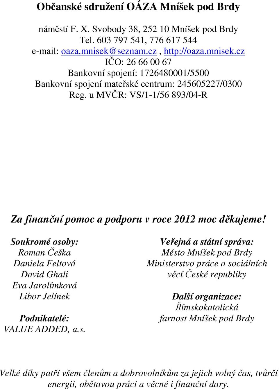 u MVČR: VS/1-1/56 893/04-R Za finanční pomoc a podporu v roce 2012 moc děkujeme!