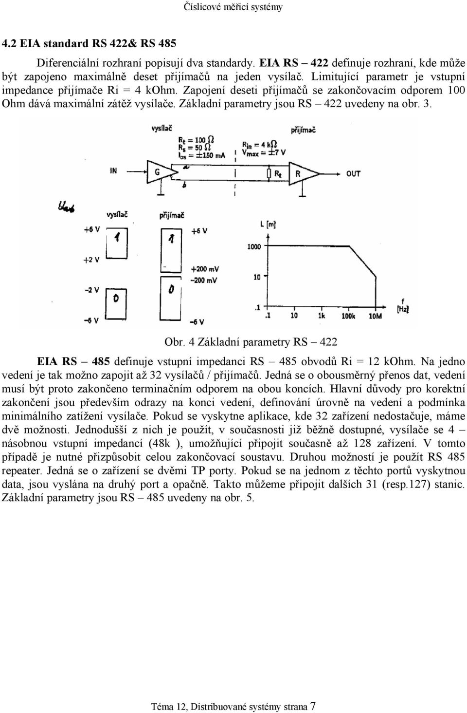 3. Obr. 4 Základní parametry RS 422 EIA RS 485 definuje vstupní impedanci RS 485 obvodů Ri = 12 kohm. Na jedno vedení je tak možno zapojit až 32 vysílačů / přijímačů.