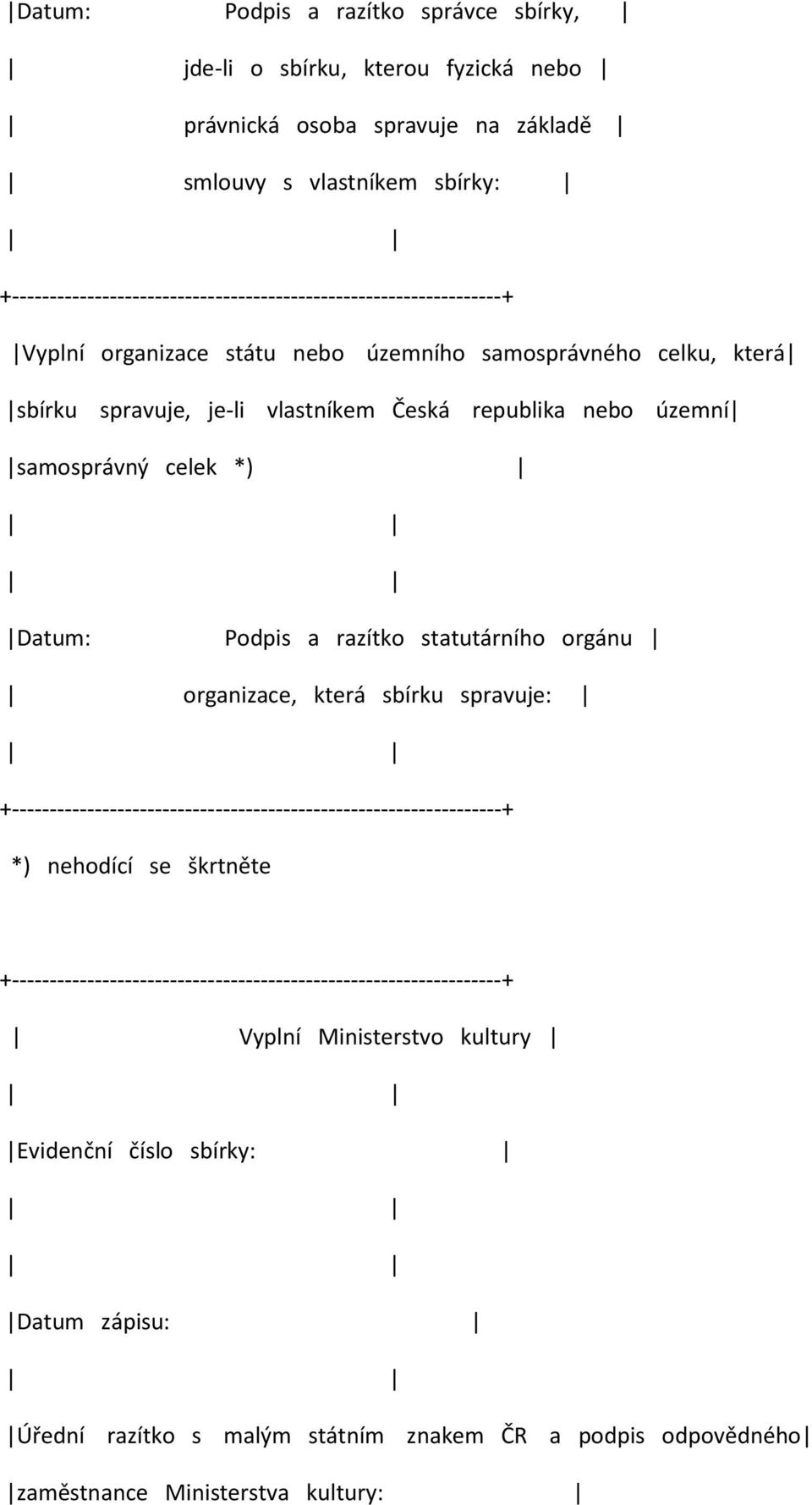 územní samosprávný celek *) Datum: Podpis a razítko statutárního orgánu organizace, která sbírku spravuje: +-----------------------------------------------------------------+ *) nehodící se