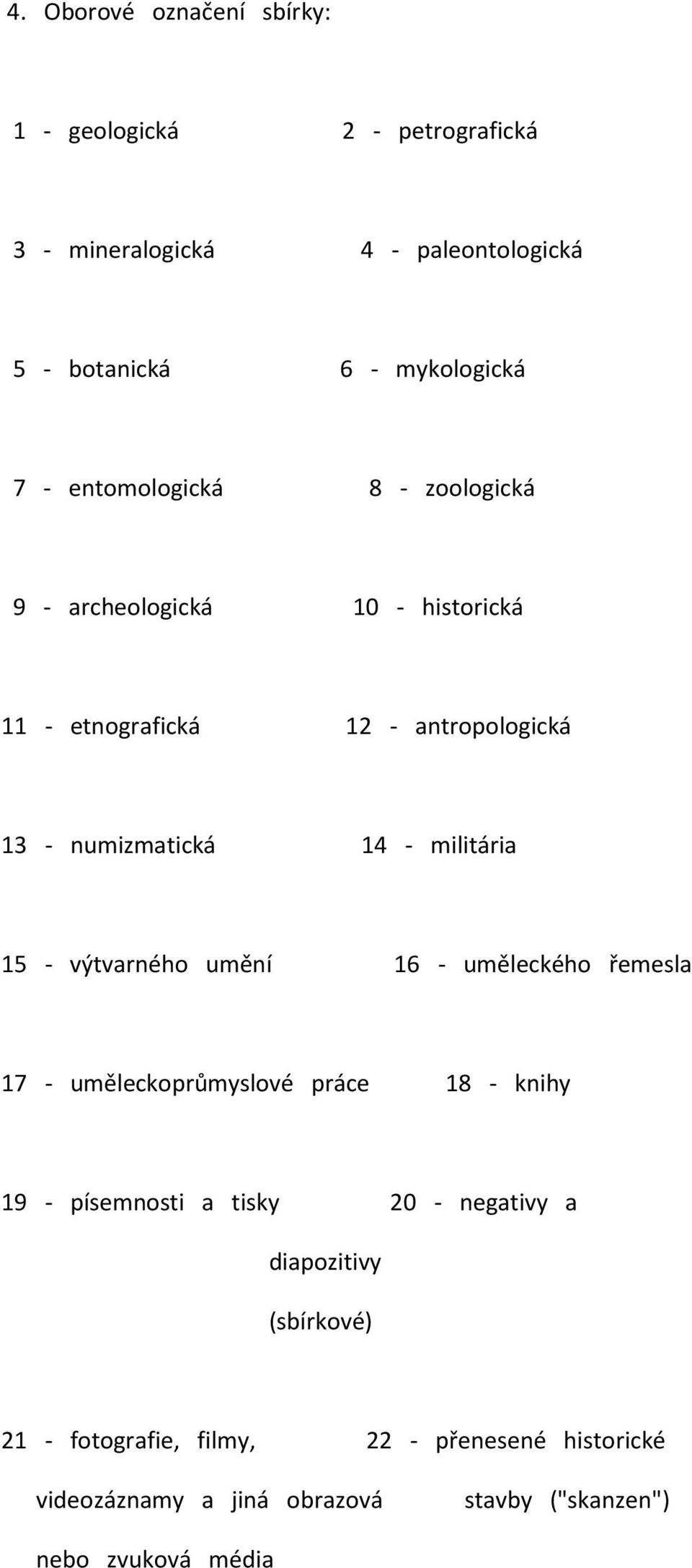 15 - výtvarného umění 16 - uměleckého řemesla 17 - uměleckoprůmyslové práce 18 - knihy 19 - písemnosti a tisky 20 - negativy a