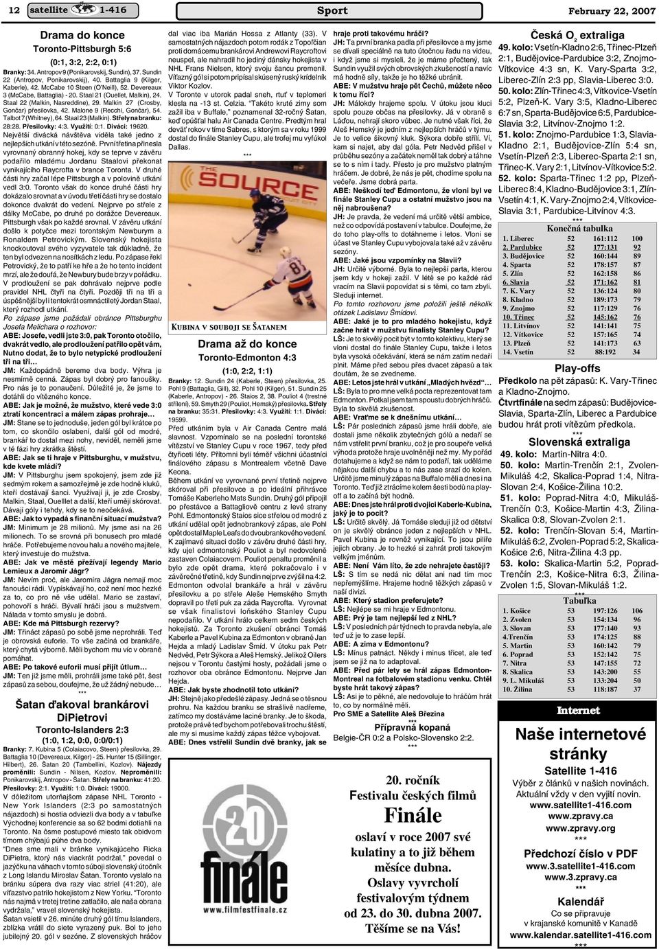 Malkin 27 (Crosby, Gonãar) pfiesilovka, 42. Malone 9 (Recchi, Gonãar), 54. Talbot 7 (Whitney), 64. Staal 23 (Malkin). Stfiely na branku: 28:28. Pfiesilovky: 4:3. VyuÏití: 0:1. Diváci: 19620.