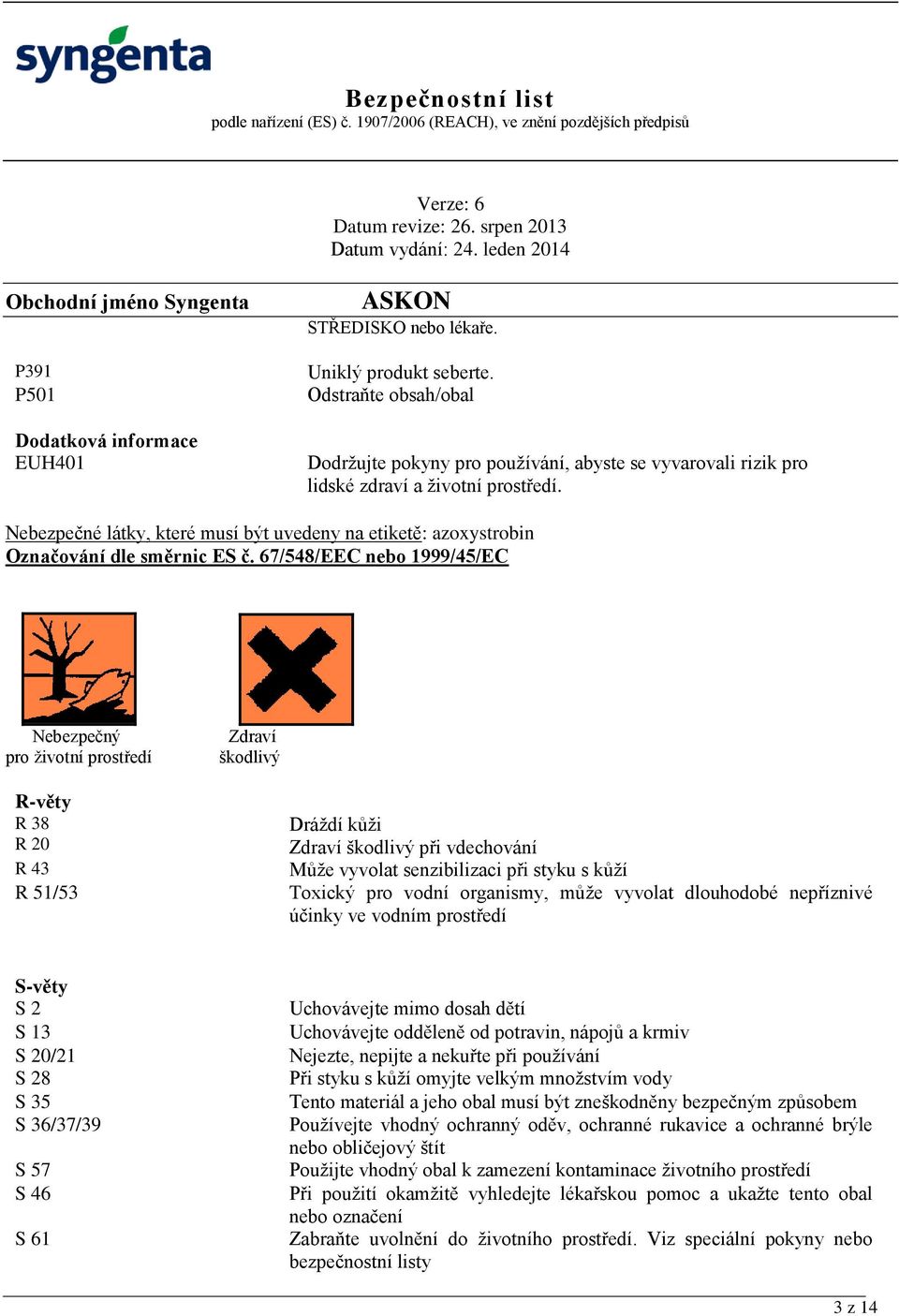 Nebezpečné látky, které musí být uvedeny na etiketě: azoxystrobin Označování dle směrnic ES č.