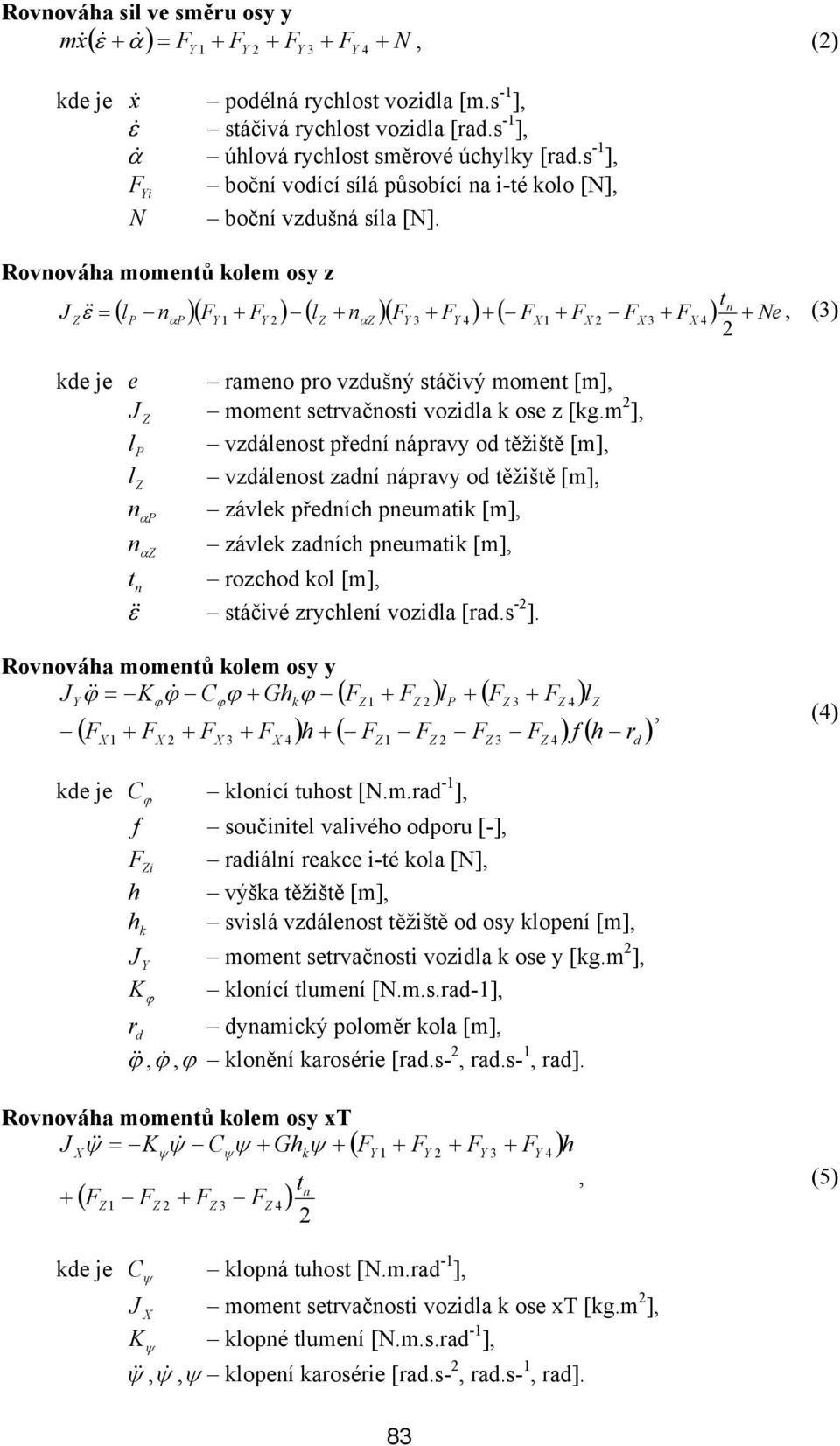 ovnováha momentů kolem osy z ε& & n ( l n )( + ) ( l + n )( + ) + ( + + ) Ne Z = α Y 1 Y 2 Z αz Y 3 Y 4 X 1 X 2 X 3 X 4 + kde je e rameno pro vzdušný stáčvý moment [m], Z moment setrvačnost vozdla k