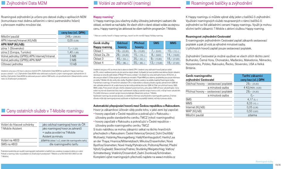 DPH) Měsíční paušál 249, (298,80) APN Internet/Intranet (Kč/kB) 0,05 (0,06) APN WAP (Kč/kB): zóna 1 (Slovensko) 1, (1,20) zóna 2 (Evropa, Tunisko) 1,40 (1,68) Volné jednotky (GPRS) APN