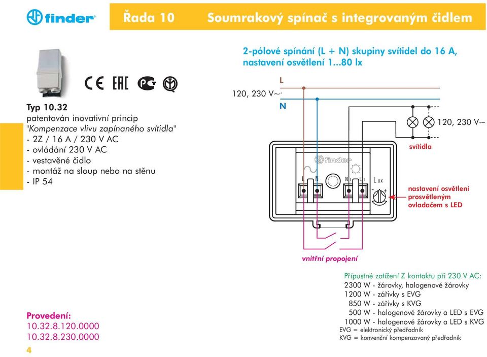 230 V~ svítidla 120, 230 V~ nastavení osvětlení prosvětleným ovladačem s ED vnitřní propojení 10.32.8.120.0000 10.32.8.230.0000 4 Přípustné zatížení Z kontaktu při 230 V AC: 2300