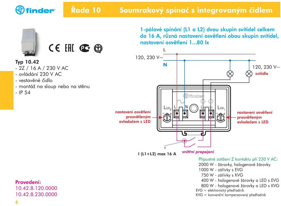 obou skupin svítidel, nastavení osvětlení 1...80 lx 120, 230 V~ 120, 230 V~ svítidla nastavení osvětlení prosvětleným ovladačem s ED nastavení osvětlení prosvětleným ovladačem s ED 10.42.8.120.0000 10.