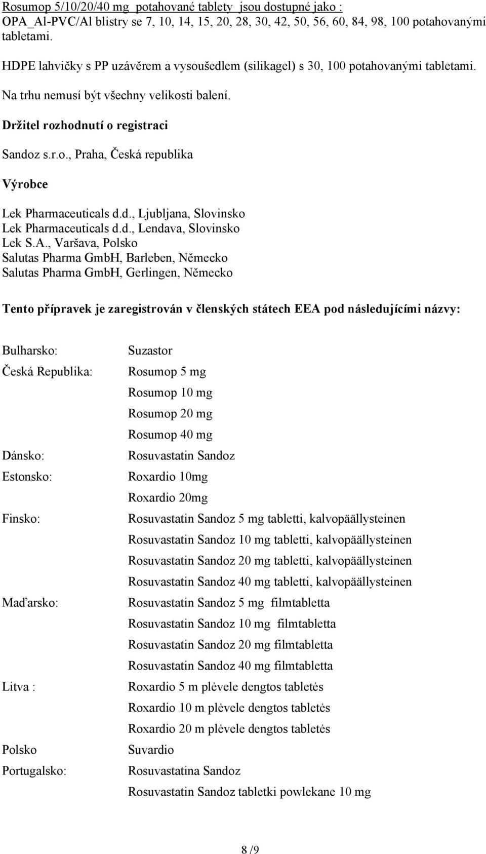 d., Ljubljana, Slovinsko Lek Pharmaceuticals d.d., Lendava, Slovinsko Lek S.A.