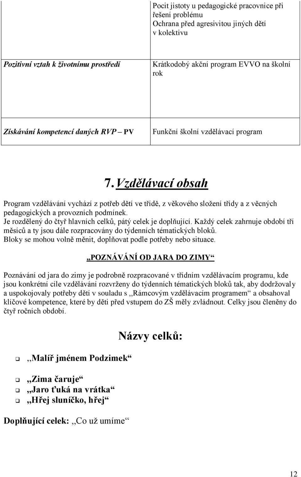 Vzdělávací obsah Program vzdělávání vychází z potřeb dětí ve třídě, z věkového složení třídy a z věcných pedagogických a provozních podmínek.