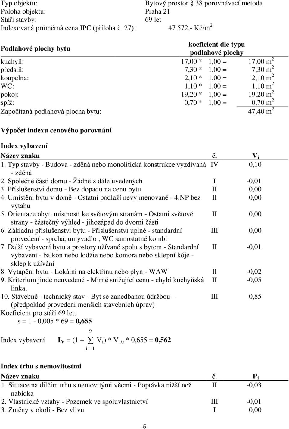 1,10 m 2 pokoj: 19,20 * 1,00 = 19,20 m 2 spíž: 0,70 * 1,00 = 0,70 m 2 Započítaná podlahová plocha bytu: 47,40 m 2 Výpočet indexu cenového porovnání Index vybavení Název znaku č. V i 1.