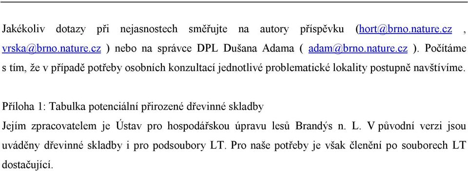 Příloha 1: Tabulka potenciální přirozené dřevinné skladby Jejím zpracovatelem je Ústav pro hospodářskou úpravu lesů Brandýs n. L.