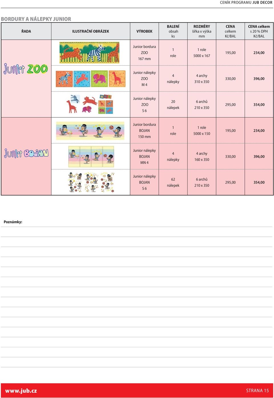 s 20 % DPH Kč/BAL Junior bordura ZOO 167 mm 1 role 1 role 5000 x 167 195,00 234,00 ZOO M 4 4 nálepky 4 archy 310 x 350 330,00 396,00 ZOO S 6