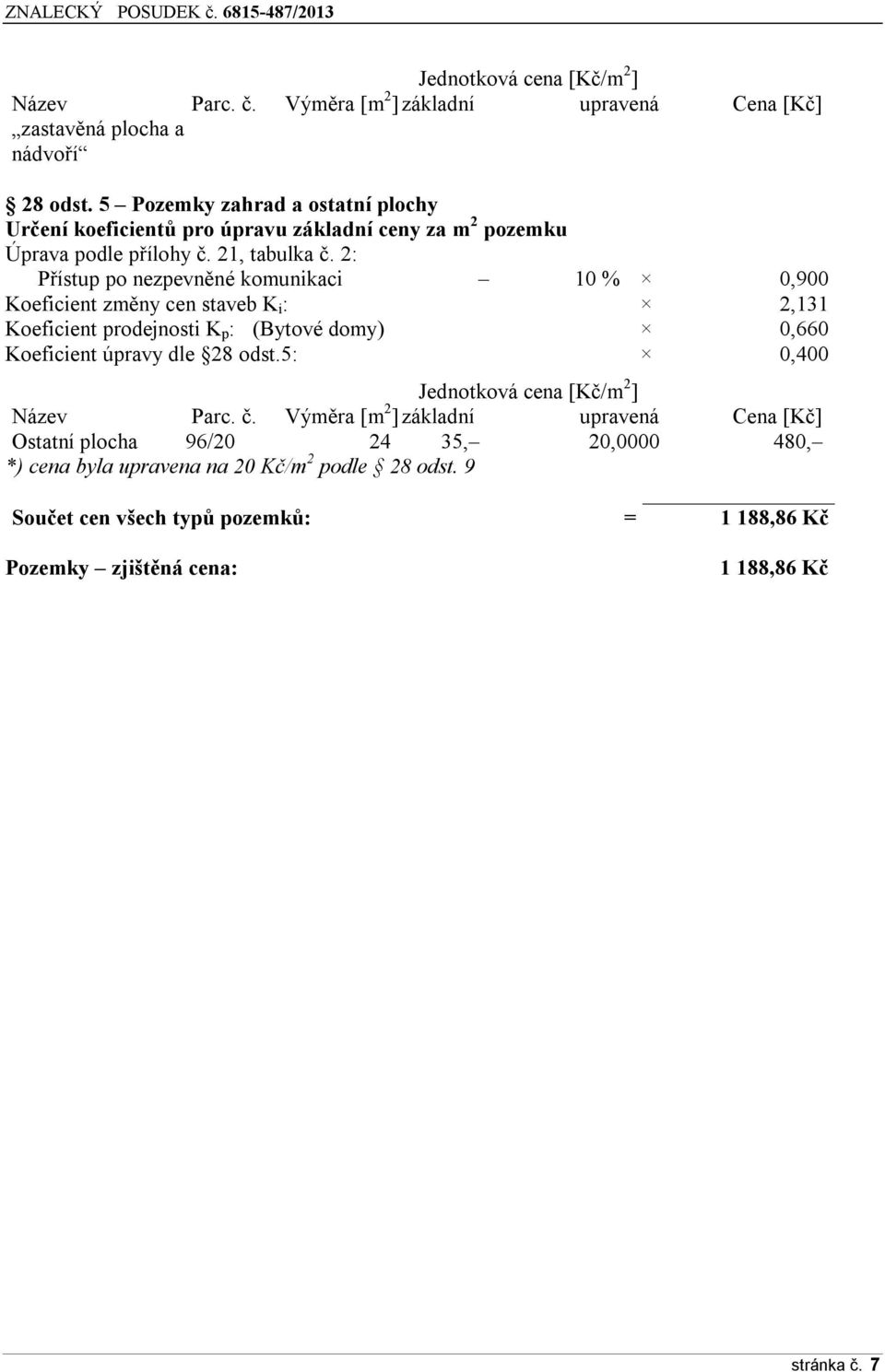 2: Přístup po nezpevněné komunikaci 10 % 0,900 Koeficient změny cen staveb K i : 2,131 Koeficient prodejnosti K p : (Bytové domy) 0,660 Koeficient úpravy dle 28 odst.