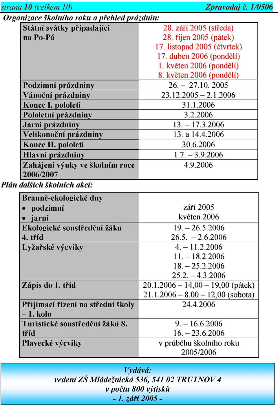 17.3.2006 Velikonoční prázdniny 13. a 14.4.2006 Konec II. pololetí 30.6.2006 Hlavní prázdniny 1.7. 3.9.