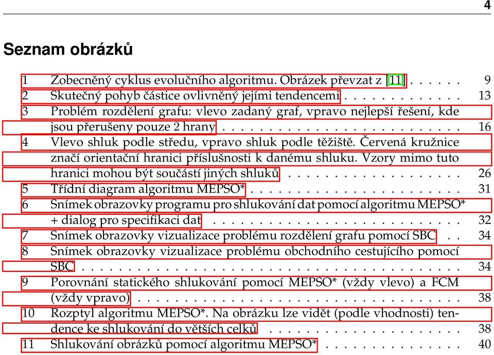 Červená kružnice značí orientační hranici příslušnosti k danému shluku. Vzory mimo tuto hranici mohou být součástí jiných shluků................... 26 5 Třídní diagram algoritmu MEPSO*.