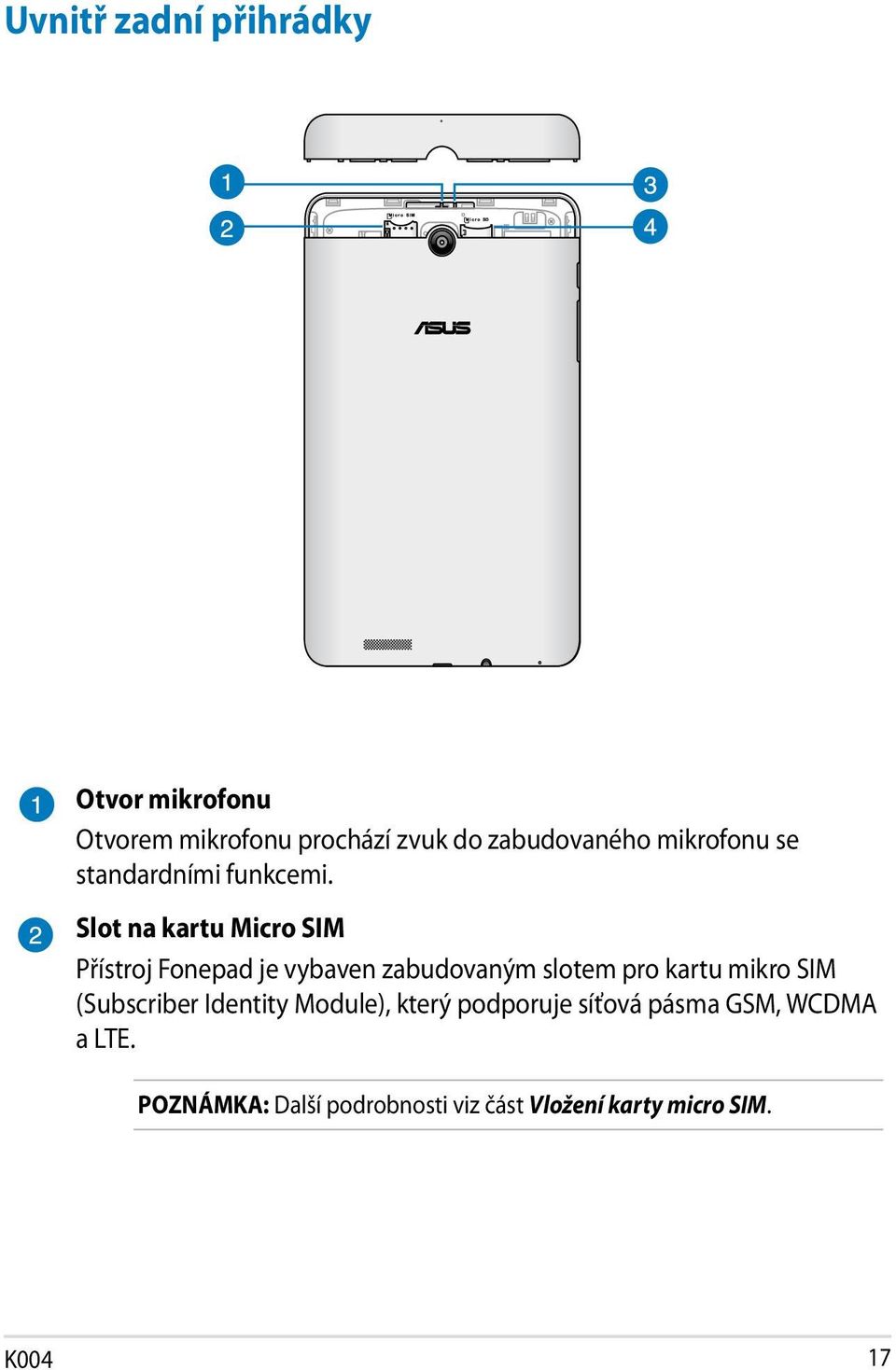 Slot na kartu Micro SIM Přístroj Fonepad je vybaven zabudovaným slotem pro kartu mikro