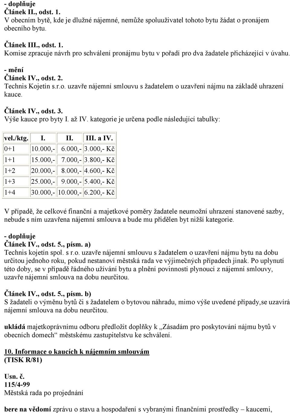 kategorie je určena podle následující tabulky: vel./ktg. I. II. III. a IV. 0+1 10.000,- 6.000,- 3.000,- Kč 1+1 15.000,- 7.000,- 3.800,- Kč 1+2 20.000,- 8.000,- 4.600,- Kč 1+3 25.000,- 9.000,- 5.