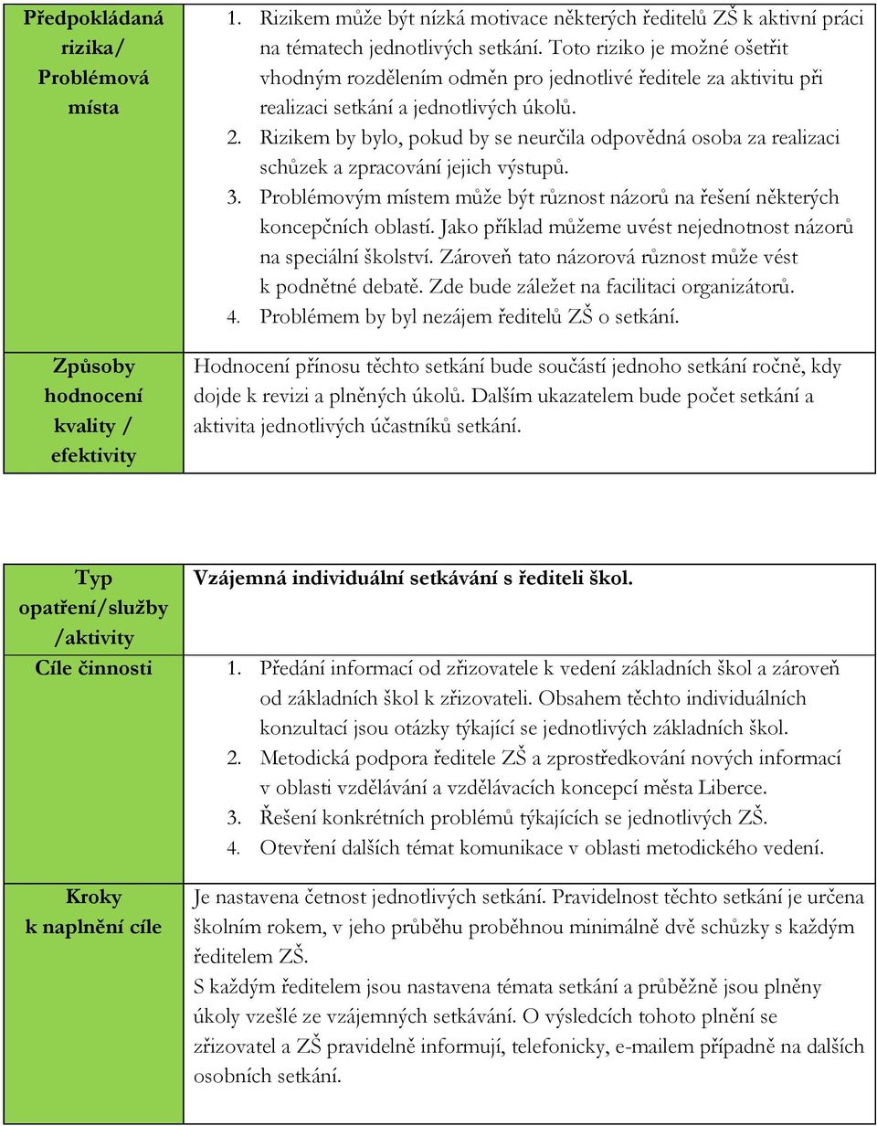 Rizikem by bylo, pokud by se neurčila odpovědná osoba za realizaci schůzek a zpracování jejich výstupů. 3. Problémovým místem může být různost názorů na řešení některých koncepčních oblastí.