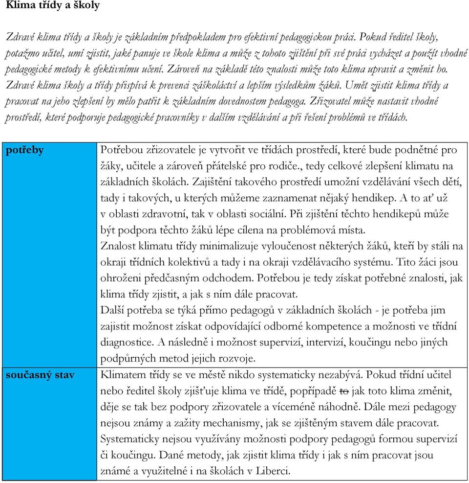 Zároveň na základě této znalosti může toto klima upravit a změnit ho. Zdravé klima školy a třídy přispívá k prevenci záškoláctví a lepším výsledkům žáků.