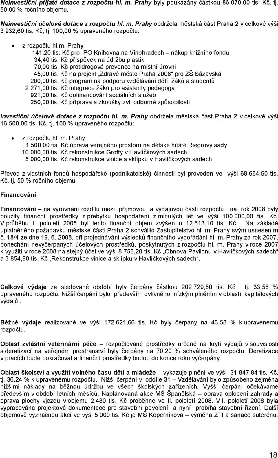 Kč protidrogová prevence na místní úrovni 45,00 tis. Kč na projekt Zdravé město Praha 2008 pro ZŠ Sázavská 200,00 tis. Kč program na podporu vzdělávání dětí, žáků a studentů 2 271,00 tis.