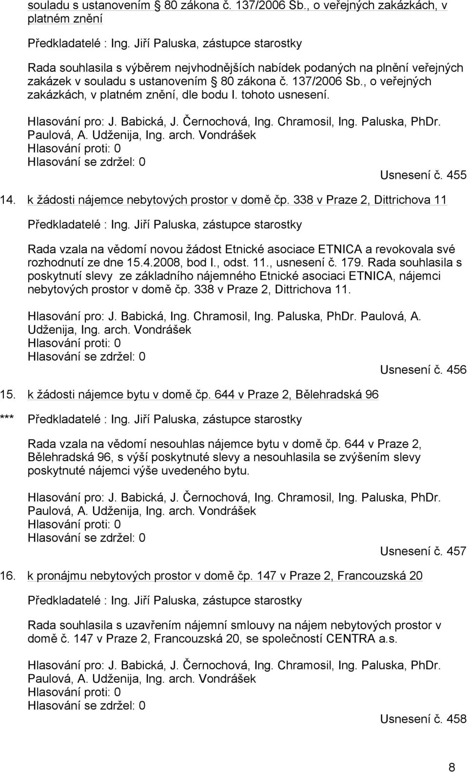 , o veřejných zakázkách, v platném znění, dle bodu I. tohoto usnesení. Hlasování pro: J. Babická, J. Černochová, Ing. Chramosil, Ing. Paluska, PhDr. Paulová, A. Udženija, Ing. arch.