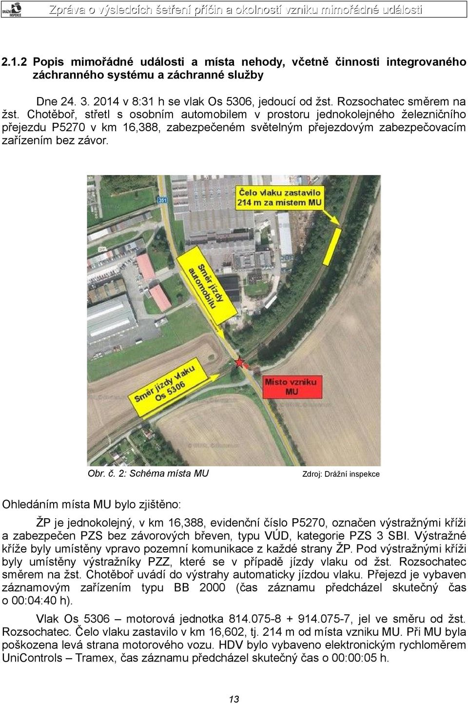 2: Schéma místa MU Zdroj: Drážní inspekce Ohledáním místa MU bylo zjištěno: ŽP je jednokolejný, v km 16,388, evidenční číslo P5270, označen výstražnými kříži a zabezpečen PZS bez závorových břeven,