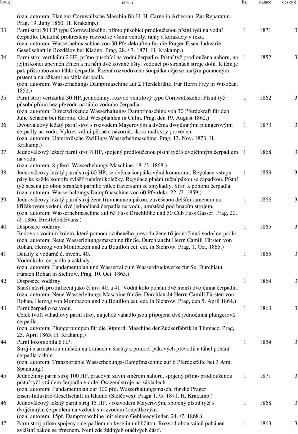 autorem: Wasserhebmaschine von 50 Pferdekräften für die Prager-Eisen-Industrie Gesellschaft in Rozdělov bei Kladno. Prag, 28. / 7. 1871. H. Krakamp.