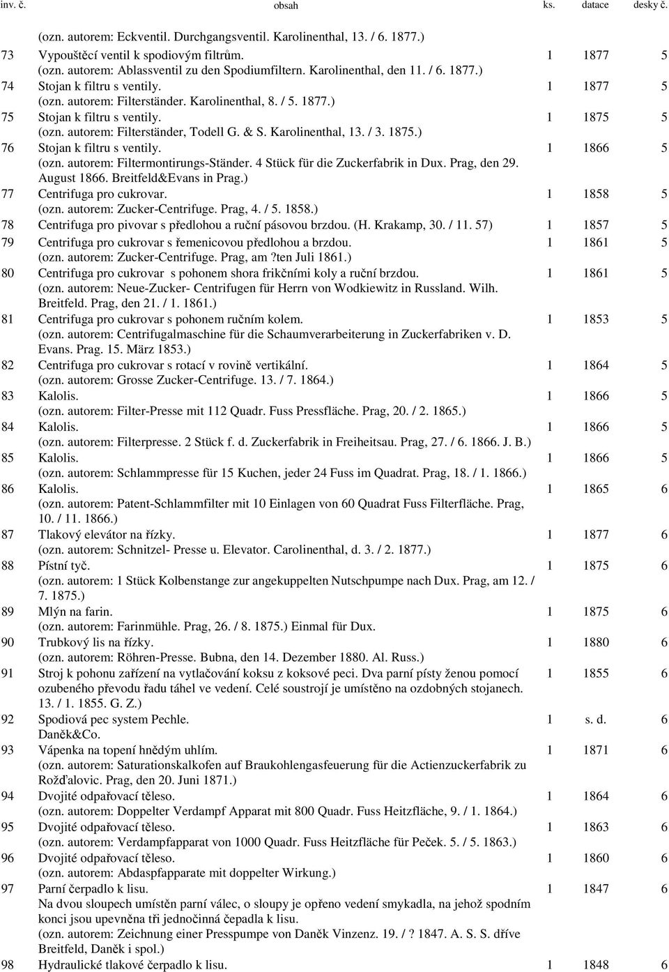 Karolinenthal, 13. / 3. 1875.) 76 Stojan k filtru s ventily. 1 1866 5 (ozn. autorem: Filtermontirungs-Ständer. 4 Stück für die Zuckerfabrik in Dux. Prag, den 29. August 1866. Breitfeld&Evans in Prag.