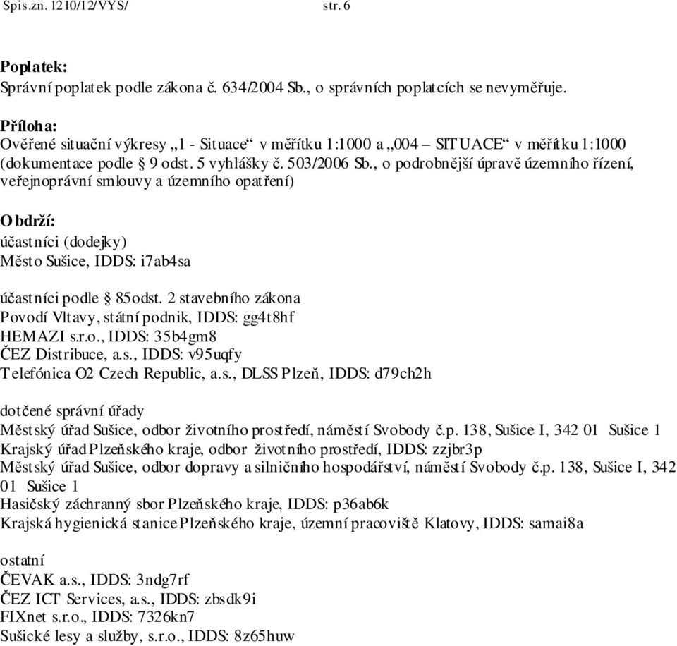 , o podrobnější úpravě územního řízení, veřejnoprávní smlouvy a územního opatření) O bdrží: účastníci (dodejky) Město Sušice, IDDS: i7ab4sa účastníci podle 85odst.