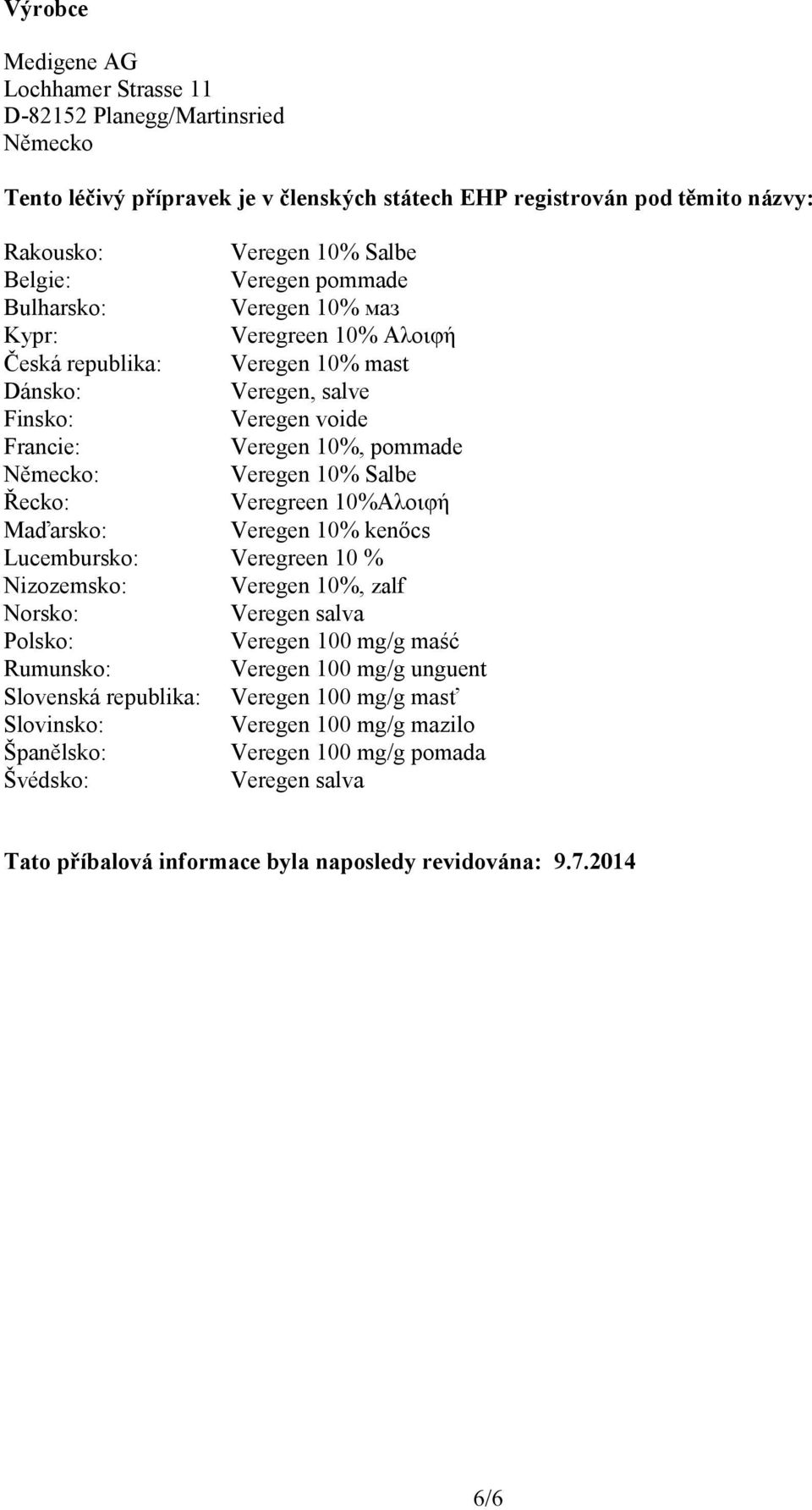 Salbe Řecko: Veregreen 10%Αλοιφή Maďarsko: Veregen 10% kenőcs Lucembursko: Veregreen 10 % Nizozemsko: Veregen 10%, zalf Norsko: Veregen salva Polsko: Veregen 100 mg/g maść Rumunsko: Veregen 100 mg/g