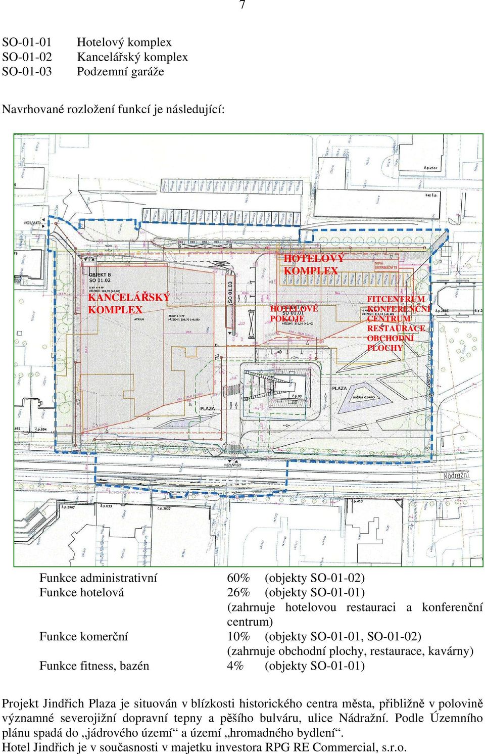 komerční 10% (objekty SO-01-01, SO-01-02) (zahrnuje obchodní plochy, restaurace, kavárny) Funkce fitness, bazén 4% (objekty SO-01-01) Projekt Jindřich Plaza je situován v blízkosti historického