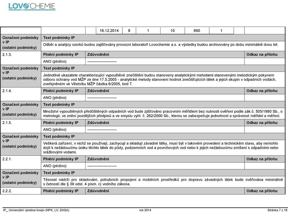 ze dne 17.5.2005 - analytické metody stanovení hodnot znečišťujících látek a jejich skupin v odpadních vodách, zveřejněném ve Věstníku MŽP částka 6/2005, bod 7. 2.1.4.