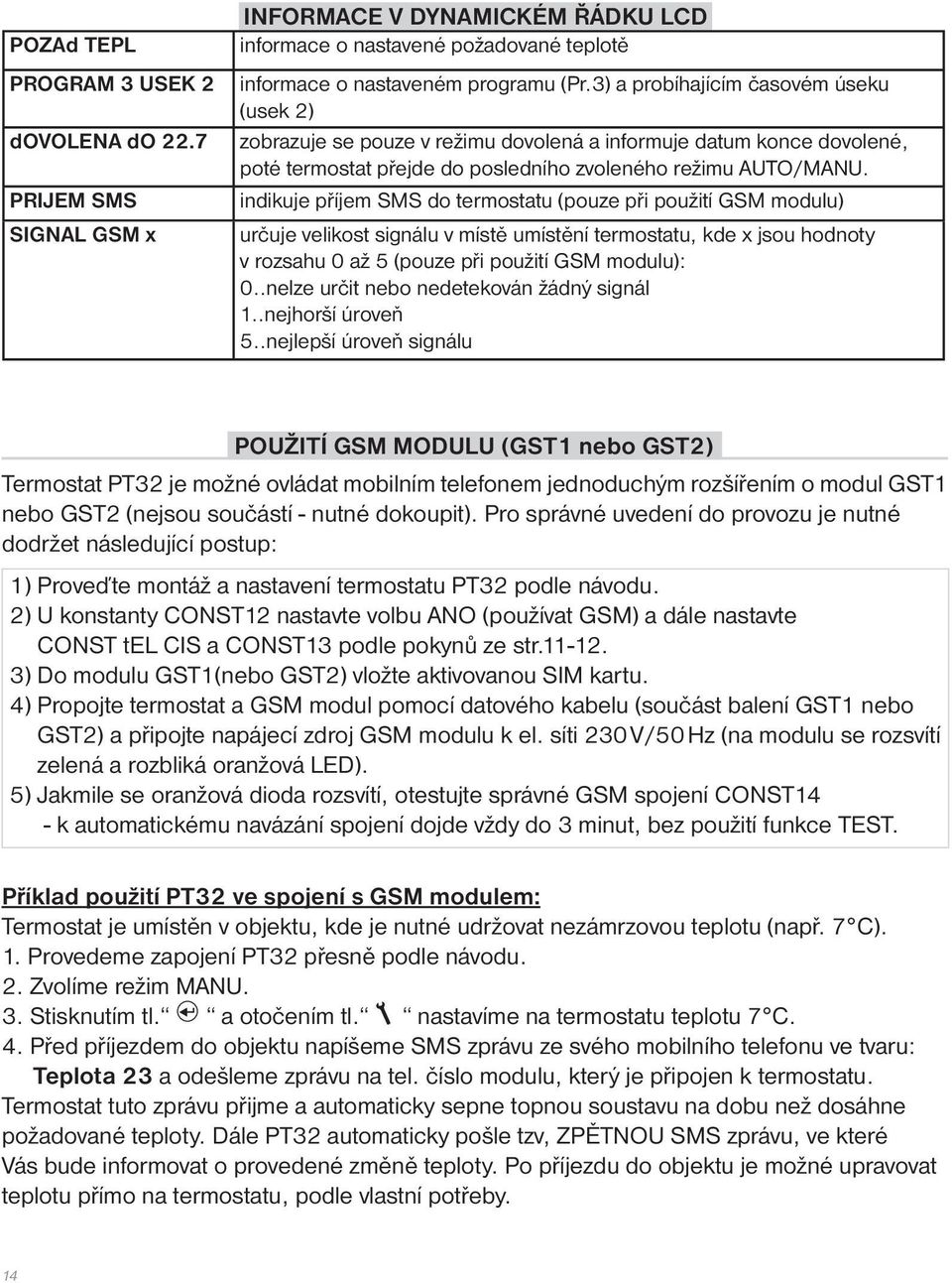 indikuje příjem SMS do termostatu (pouze při použití GSM modulu) určuje velikost signálu v místě umístění termostatu, kde x jsou hodnoty v rozsahu 0 až 5 (pouze při použití GSM modulu): 0.