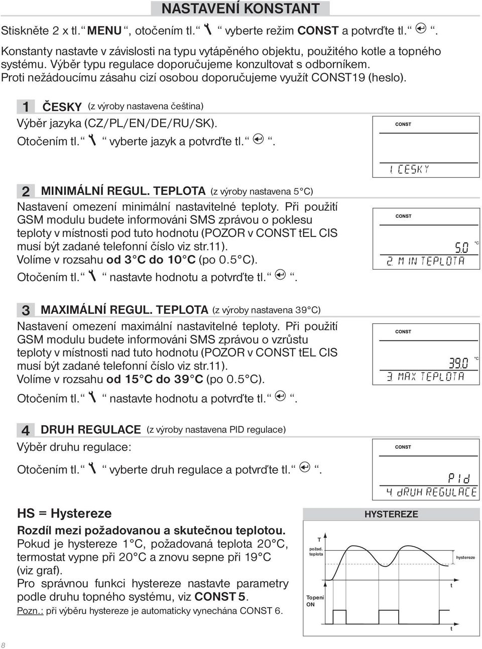 1 ČESKY (z výroby nastavena čeština) Výběr jazyka (CZ/PL/EN/DE/RU/SK). Otočením tl. vyberte jazyk a potvrďte tl.. 2 MINIMÁLNÍ REGUL.